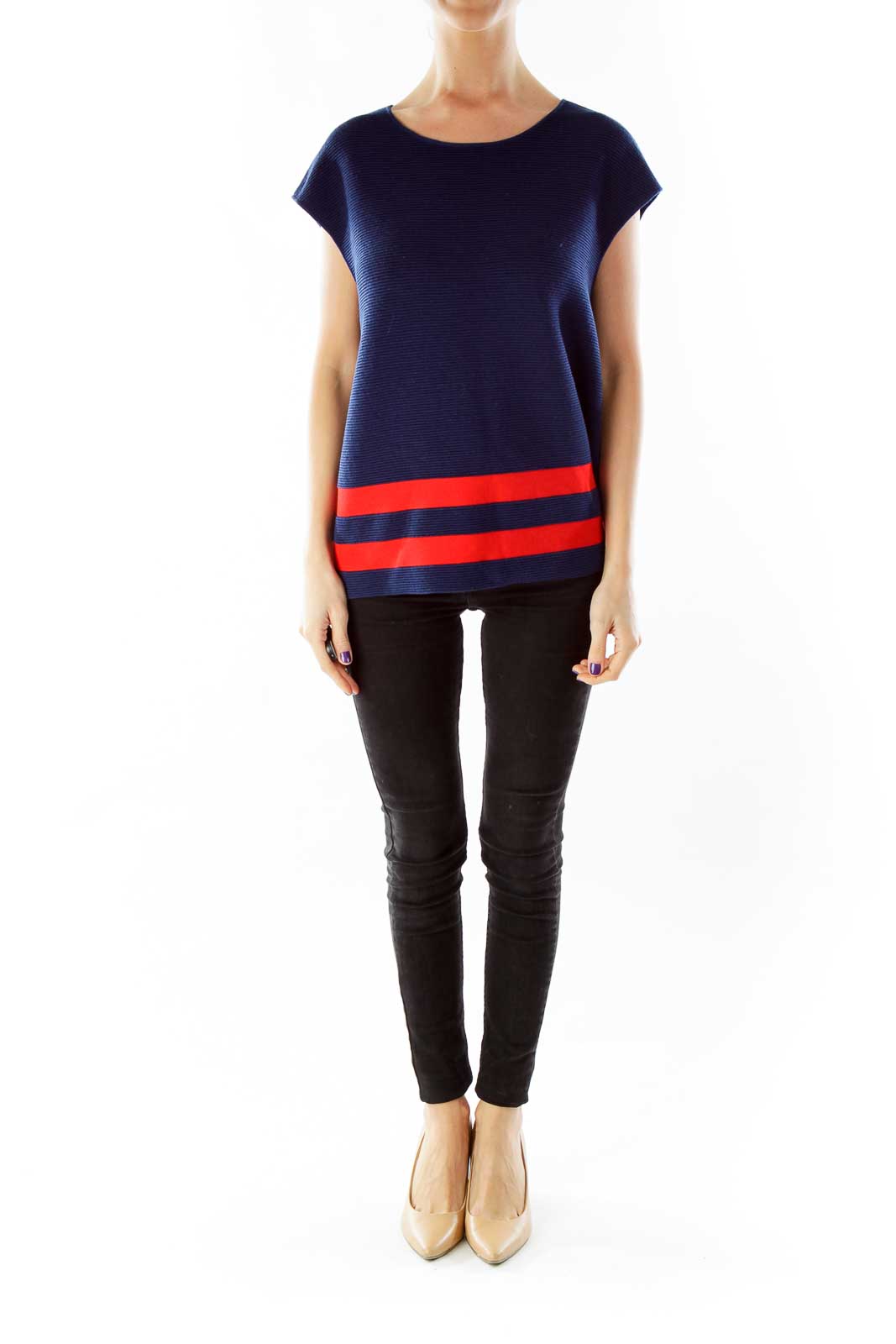 Navy Red Fitted Knit Top