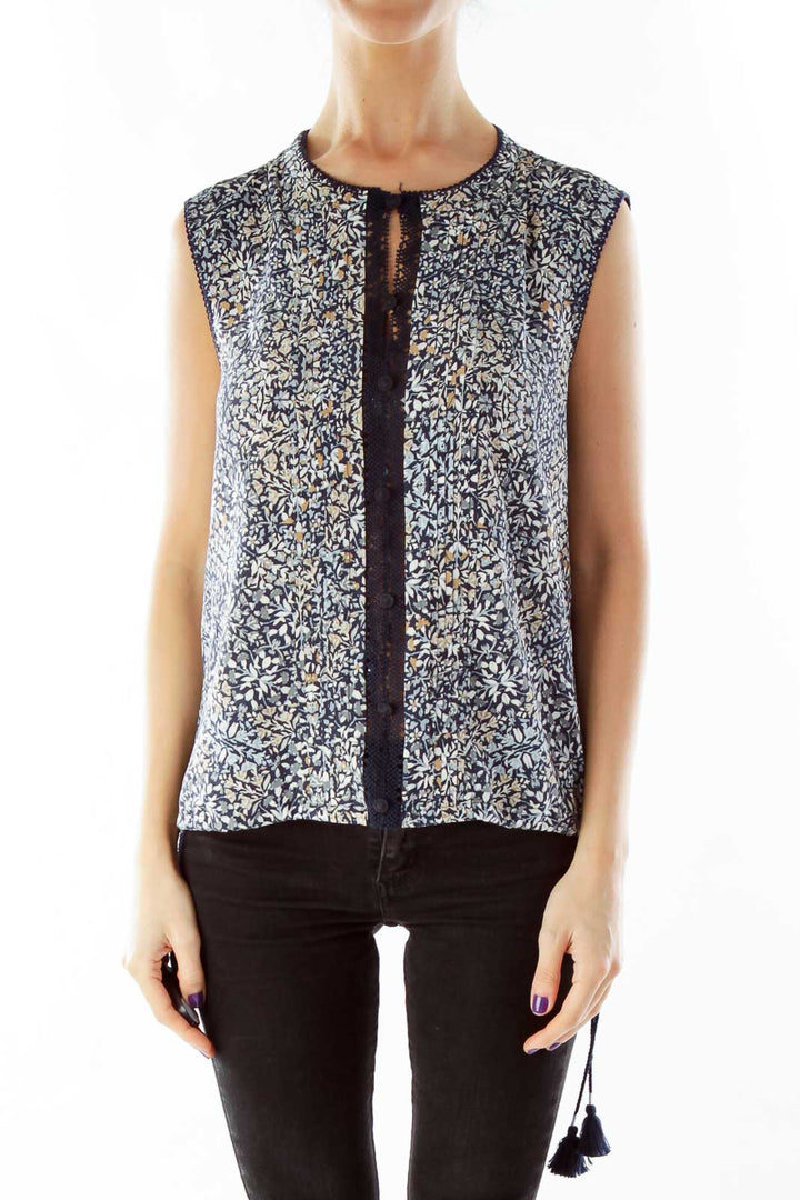 Navy Floral Sleeveless Blouse