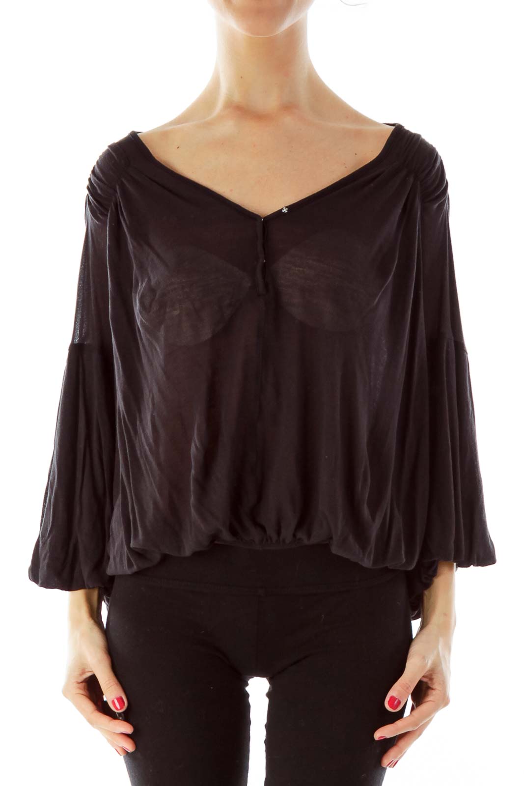 Front view of black Free People flowy top with V-neck and batwing sleeves