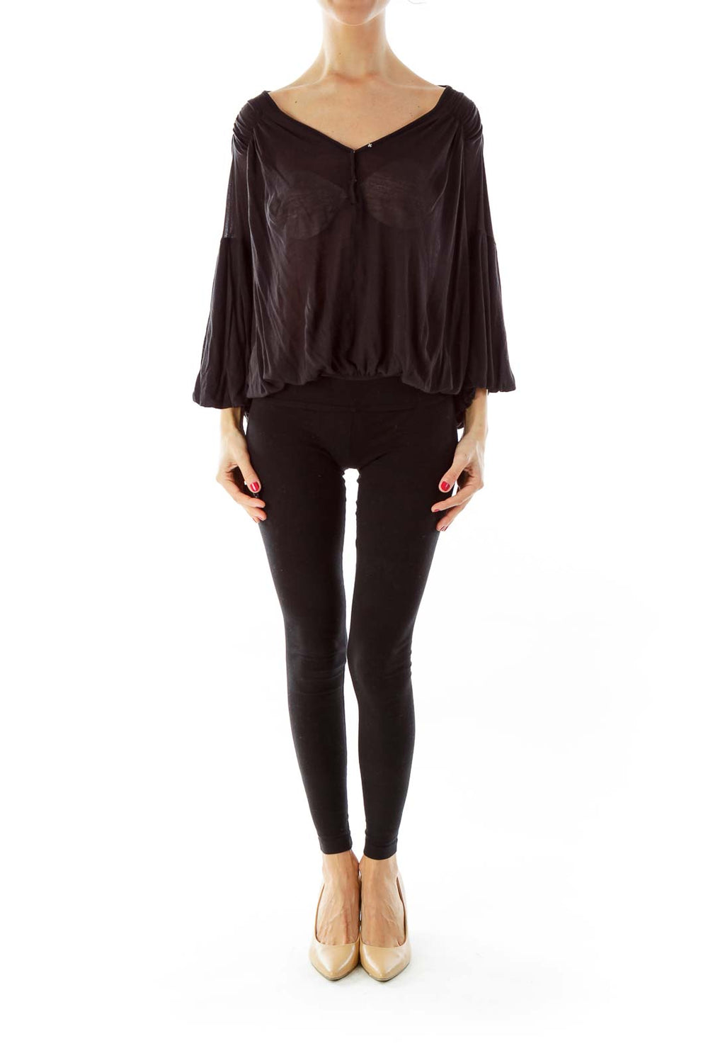 Front view of black Free People flowy top with V-neck and batwing sleeves