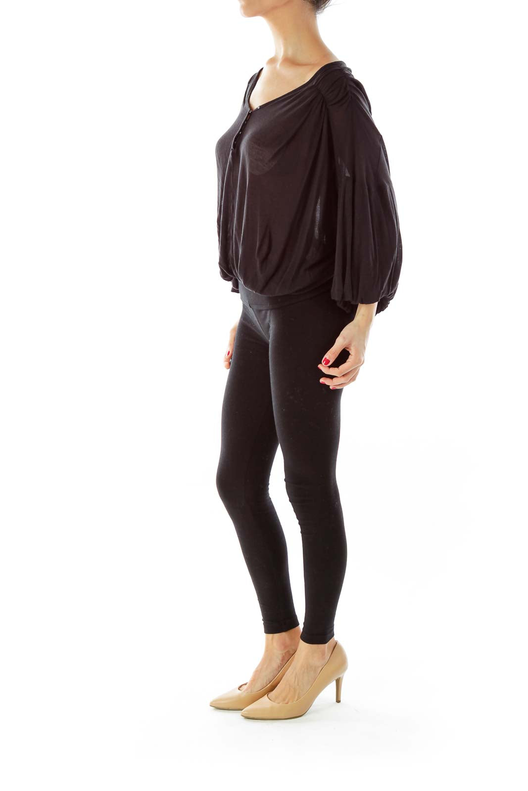 Front view of black Free People flowy top with V-neck and batwing sleeves