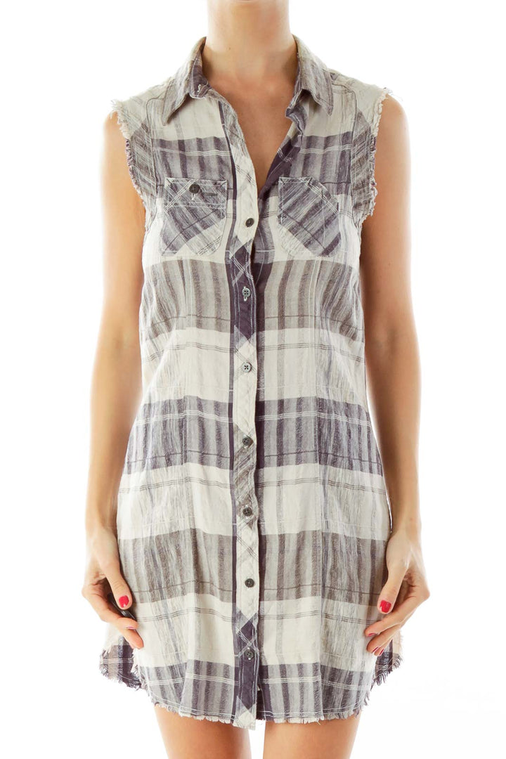 Purple Plaid Sleeveless Shirt Dress