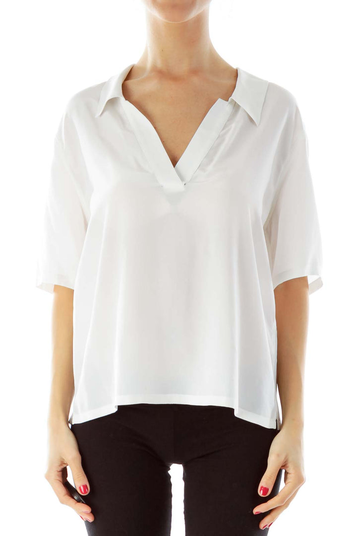 Cream Silk V-Neck Blouse