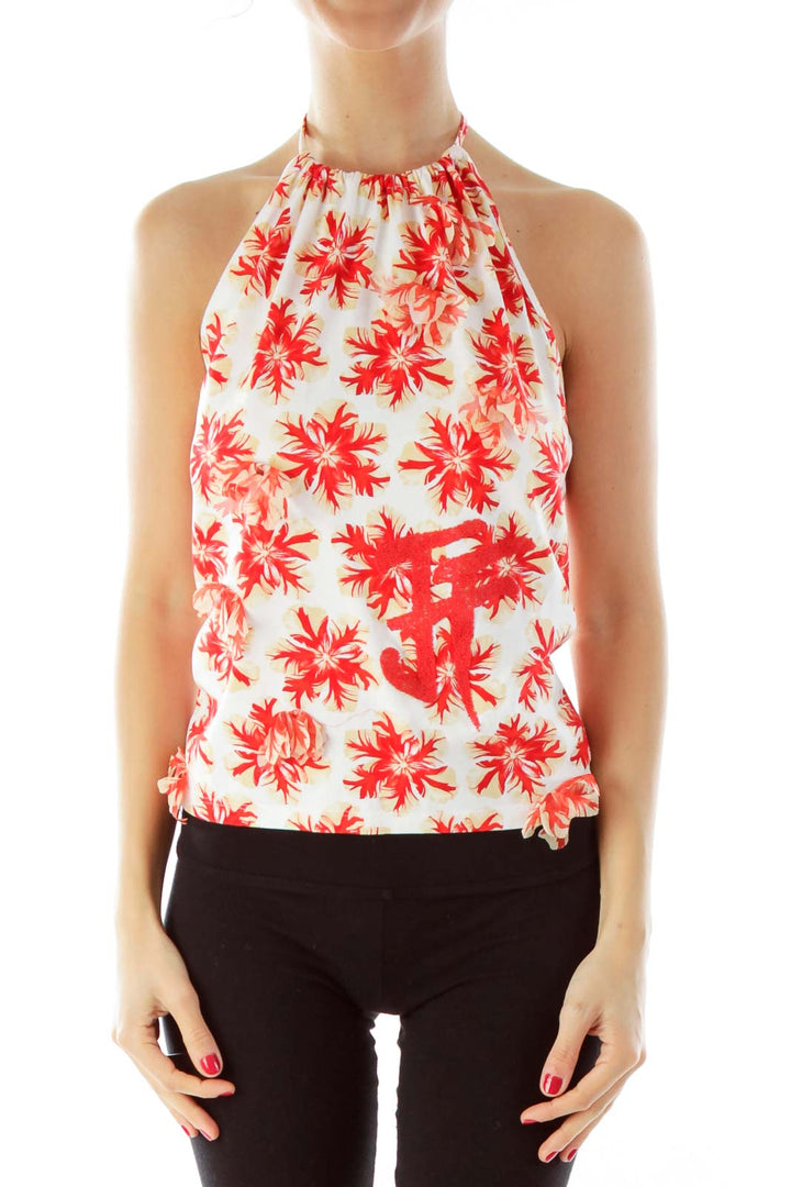 Red & Cream Beaded Floral Halter Top