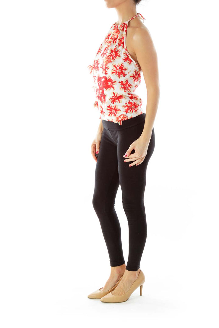 Red & Cream Beaded Floral Halter Top