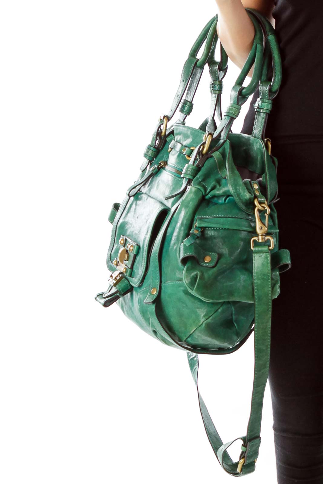 Green Buckle Detail Leather Hobo Bag