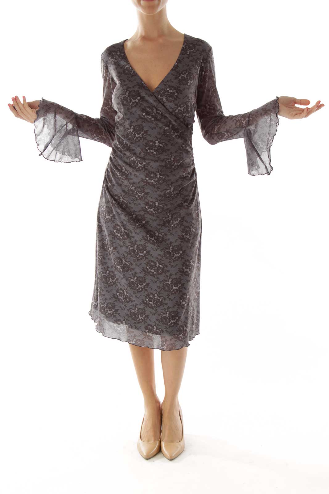 Gray Black Bell Sleeve Day Dress