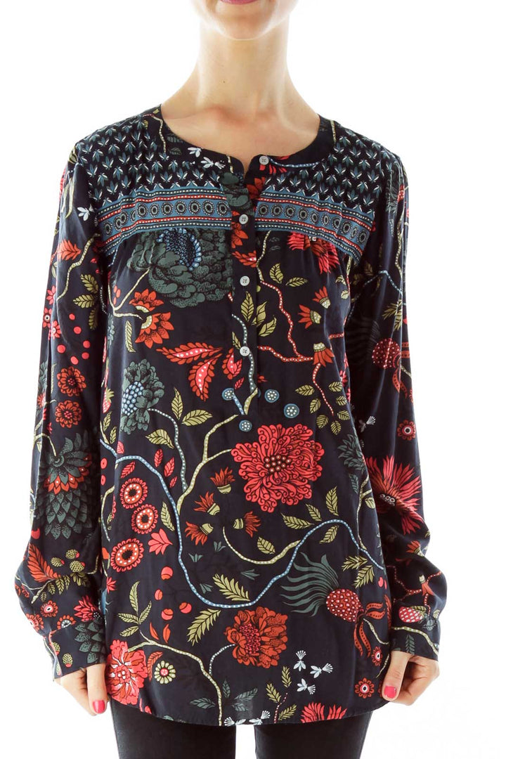 Navy Green Flower Print Blouse