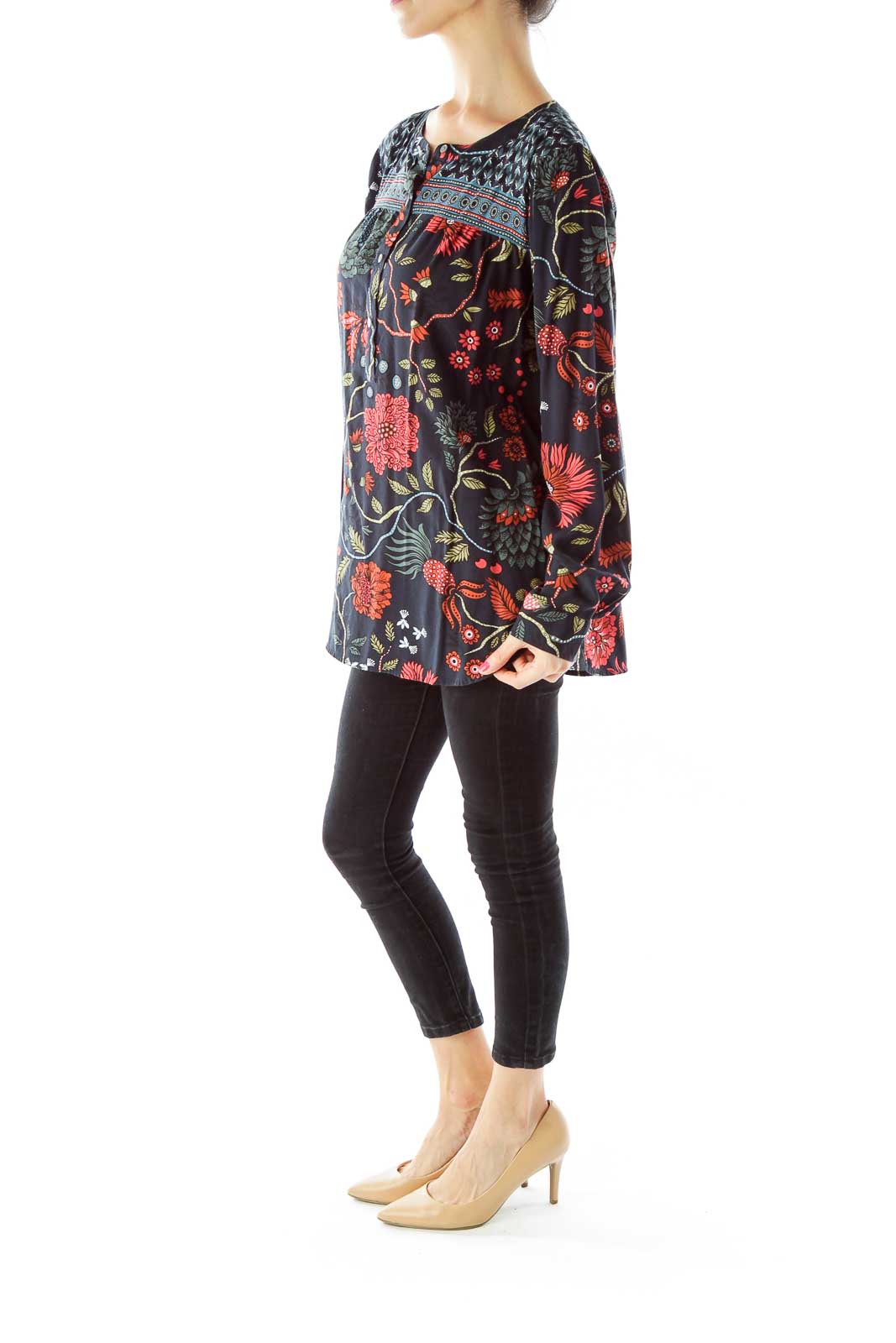 Navy Green Flower Print Blouse