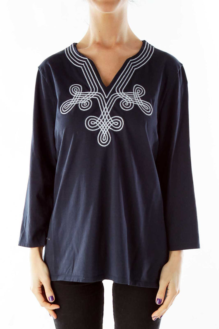 Navy White Embroidered Tunic