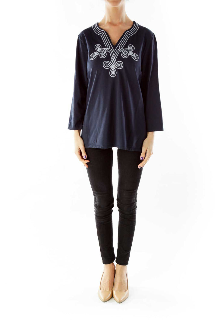 Navy White Embroidered Tunic