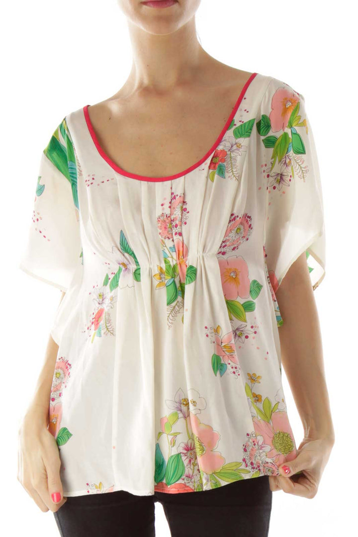 Cream Flower Print Round Neck Blouse