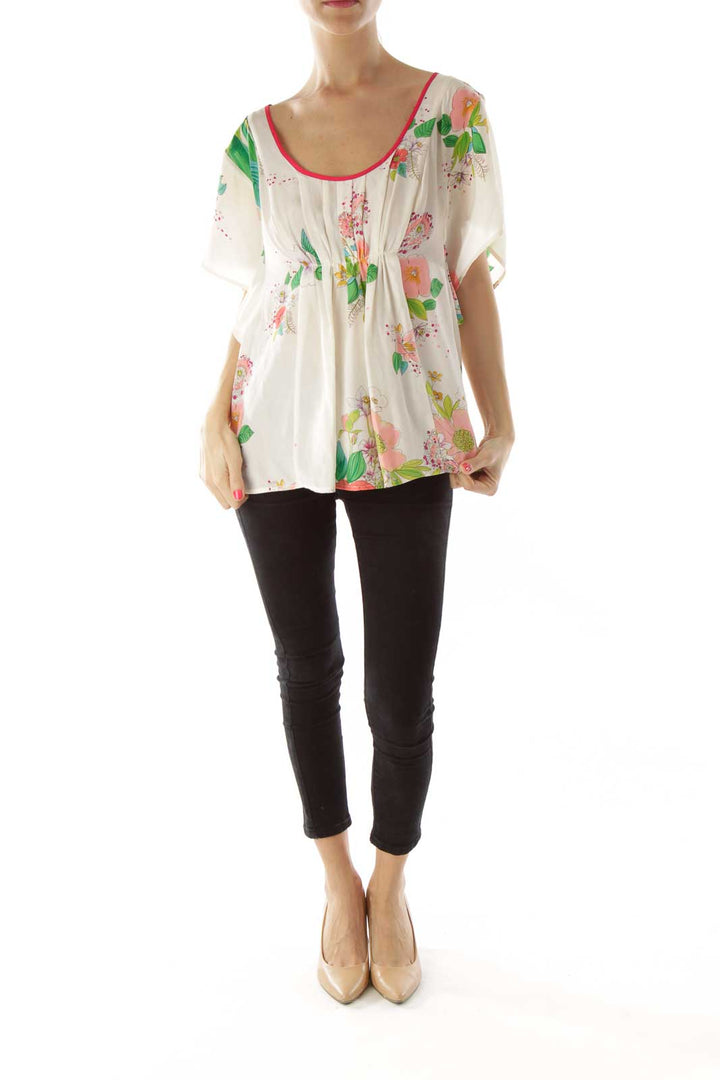 Cream Flower Print Round Neck Blouse