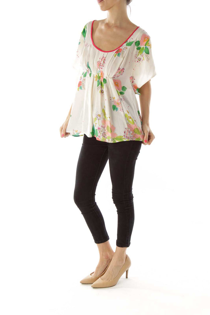 Cream Flower Print Round Neck Blouse