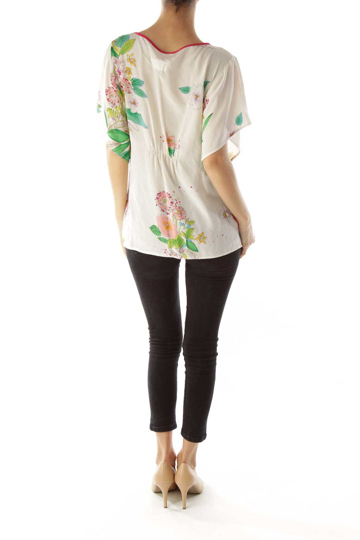 Cream Flower Print Round Neck Blouse