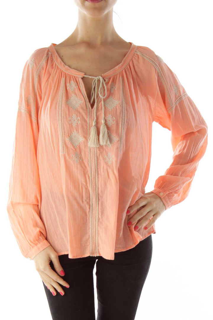 Peach V-Neck Embroidery Detail Top