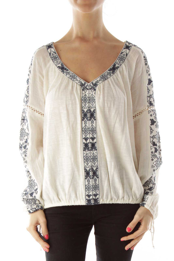 Cream Blue Embroidery V-neck Top