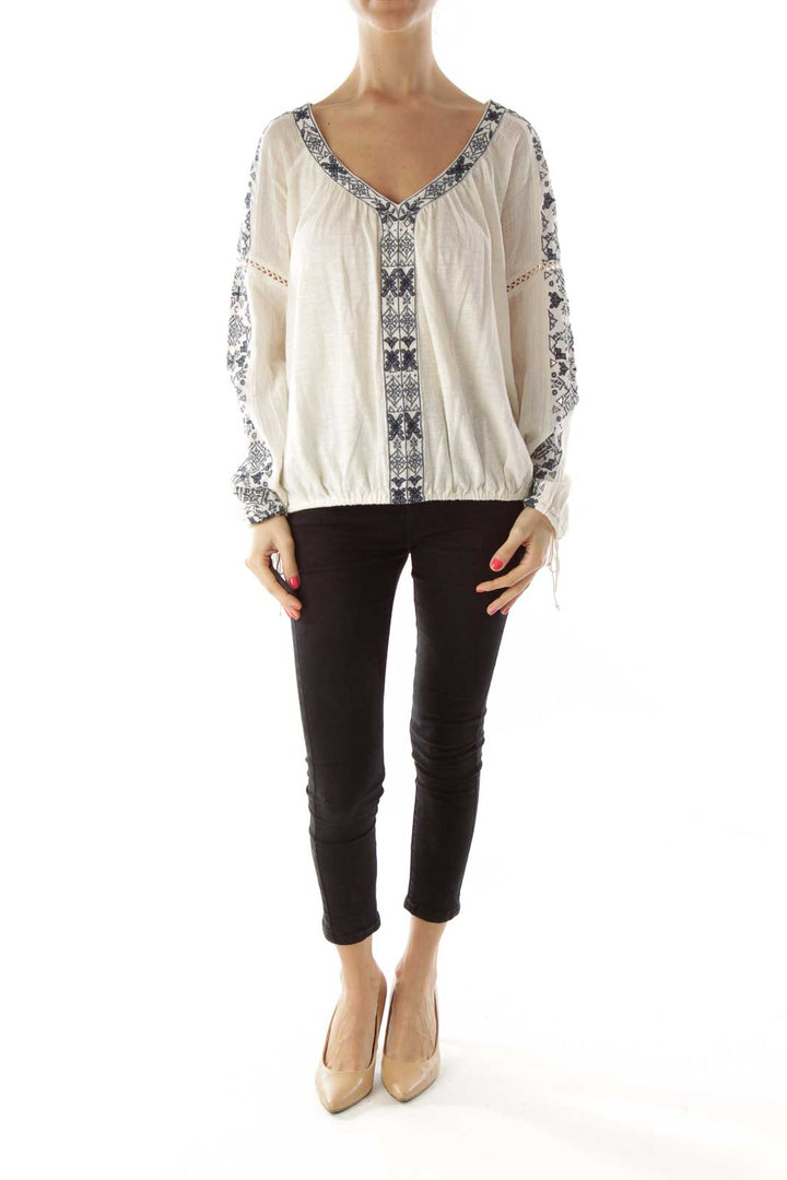 Cream Blue Embroidery V-neck Top