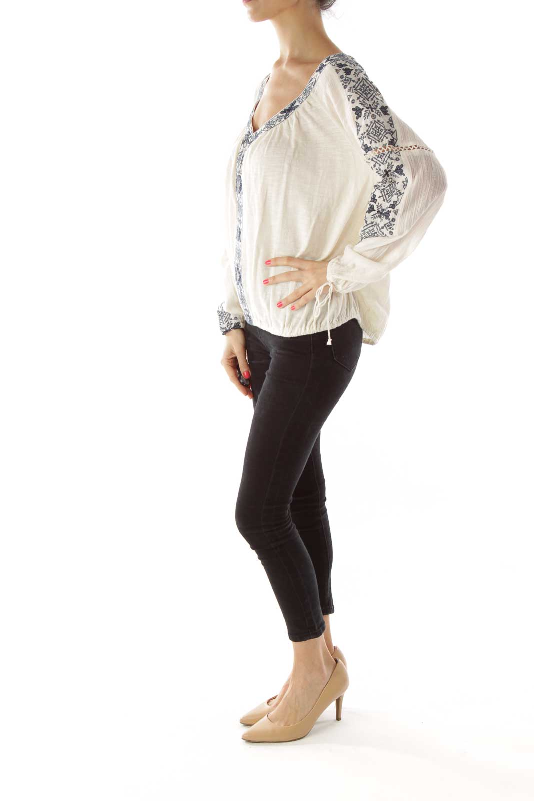 Cream Blue Embroidery V-neck Top