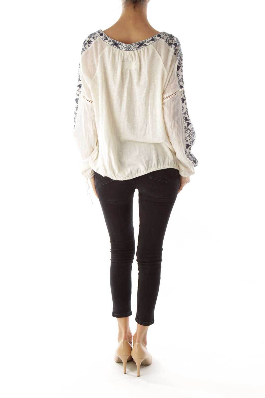 Cream Blue Embroidery V-neck Top