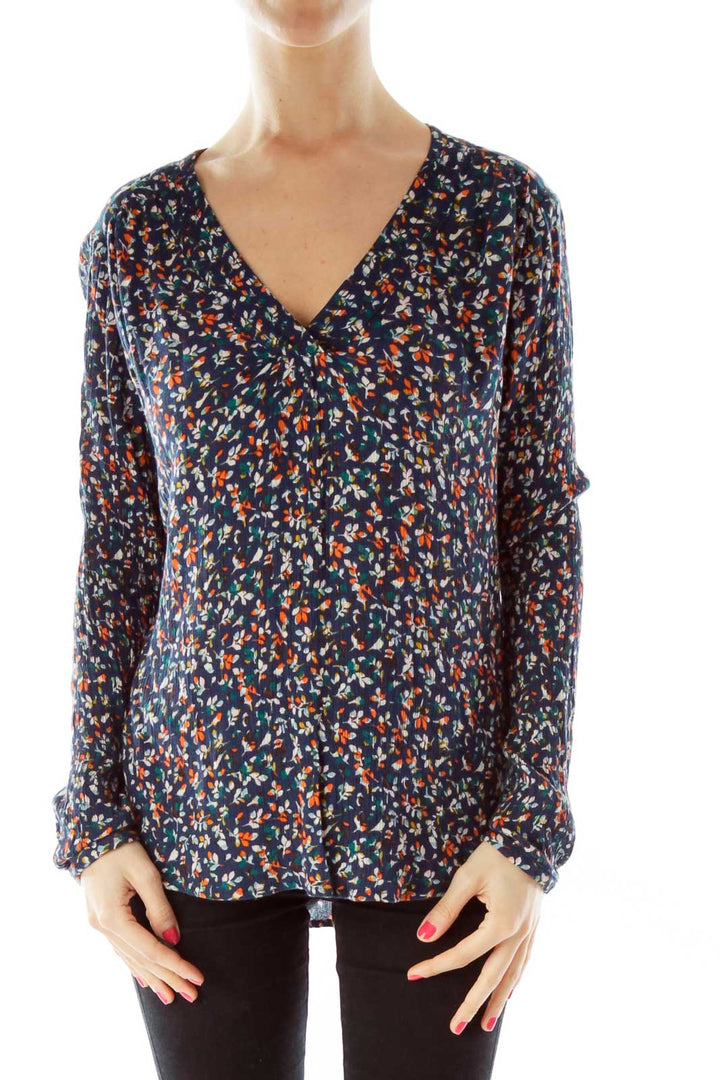 Navy Orange Leaf Print Top