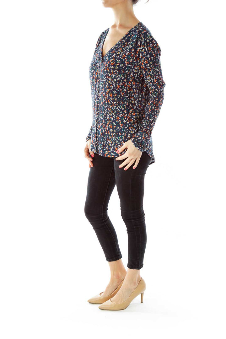 Navy Orange Leaf Print Top