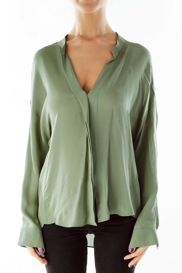 Olive Green Silk V-Neck Blouse