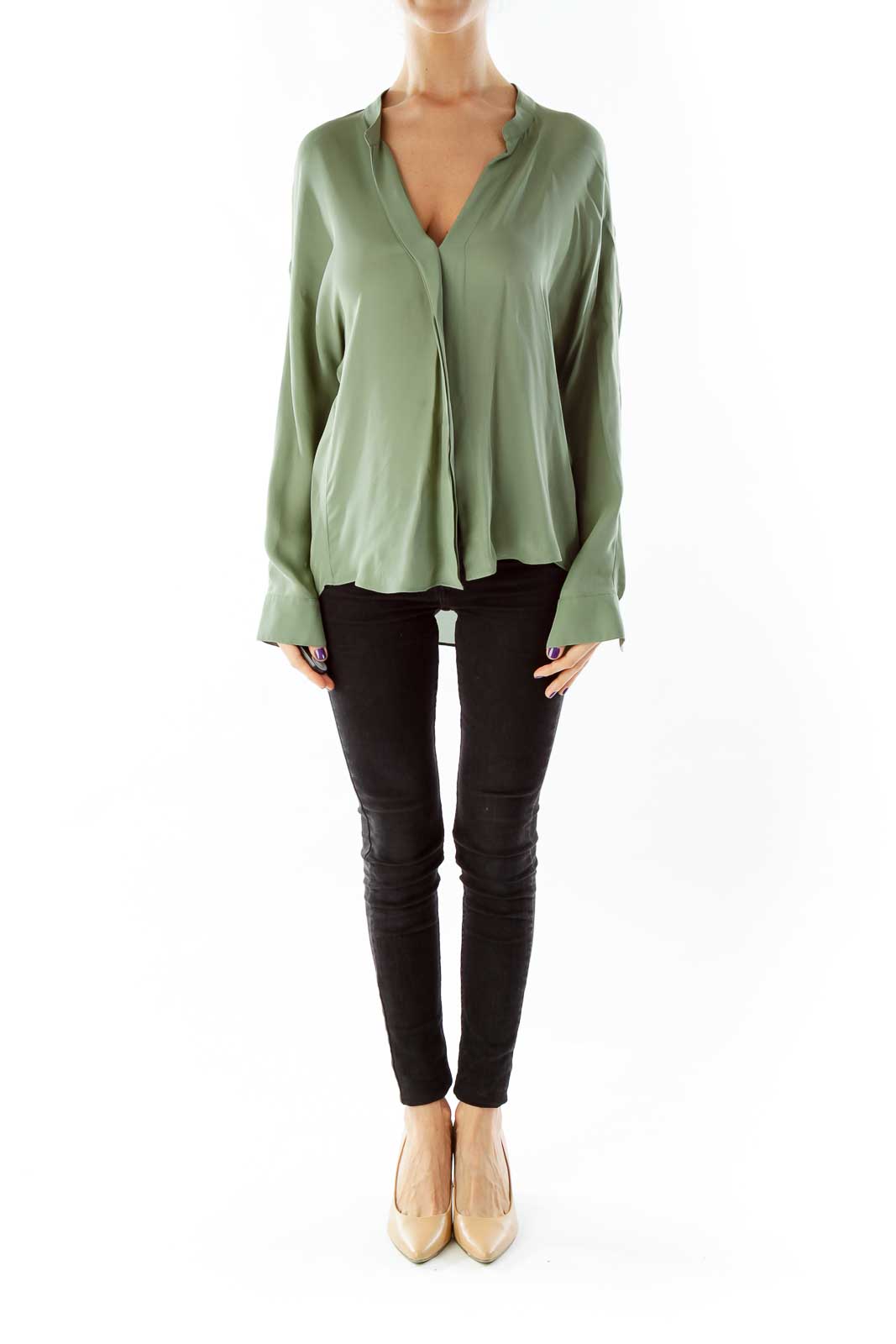 Olive Green Silk V-Neck Blouse