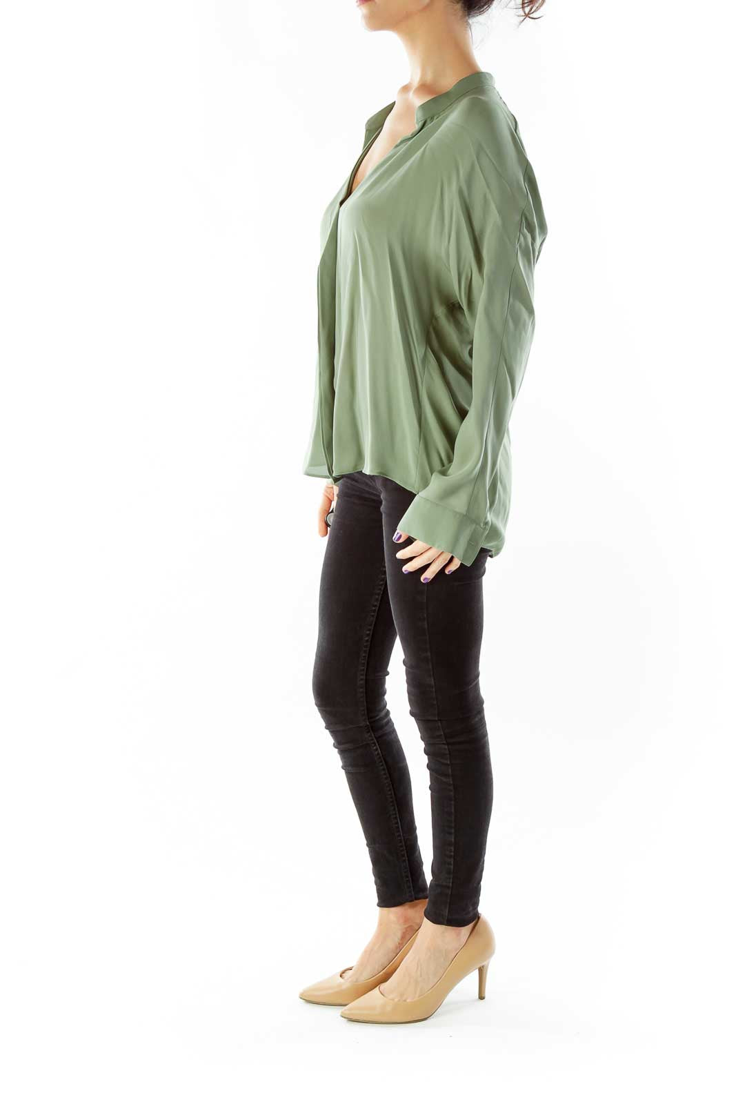 Olive Green Silk V-Neck Blouse