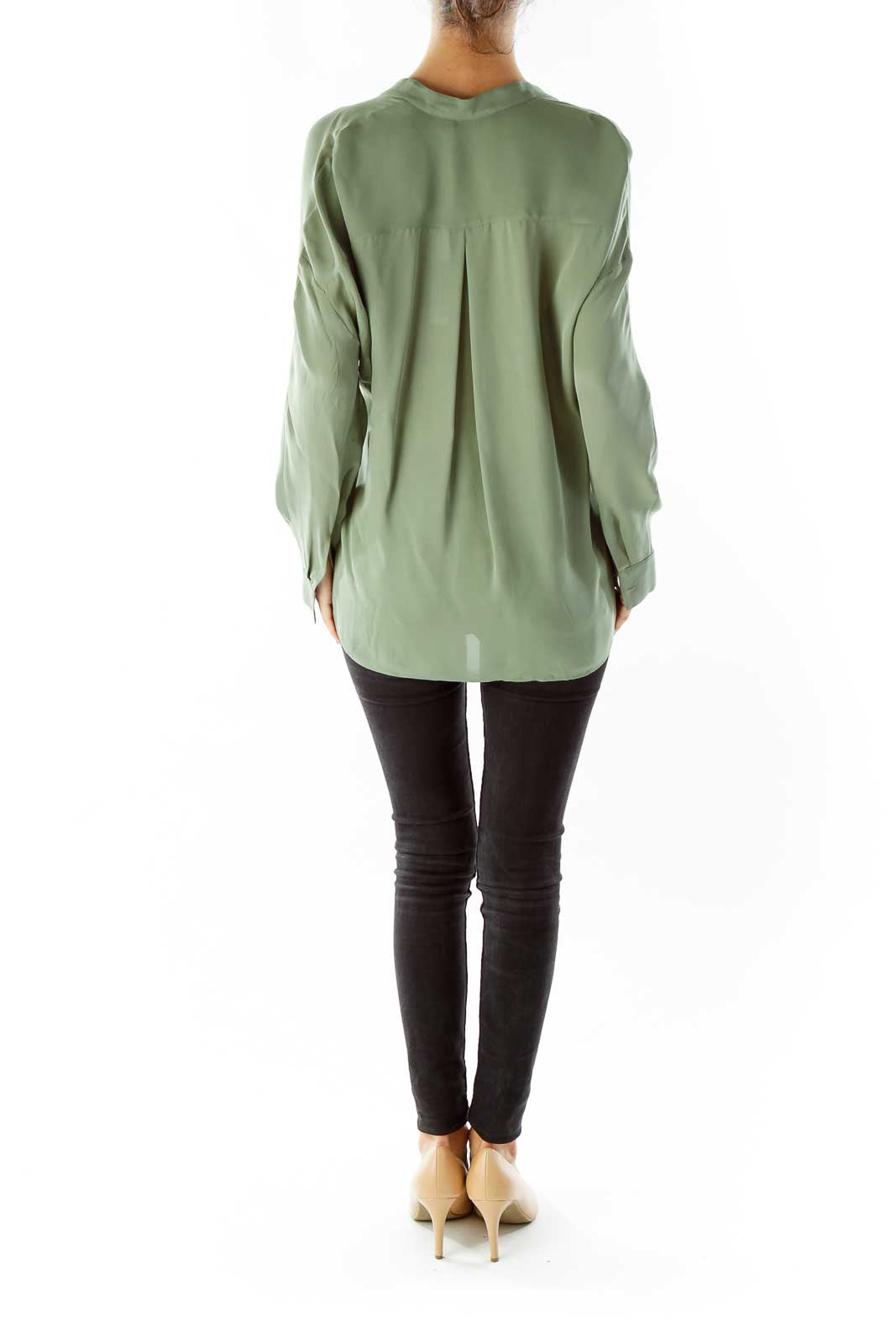 Olive Green Silk V-Neck Blouse