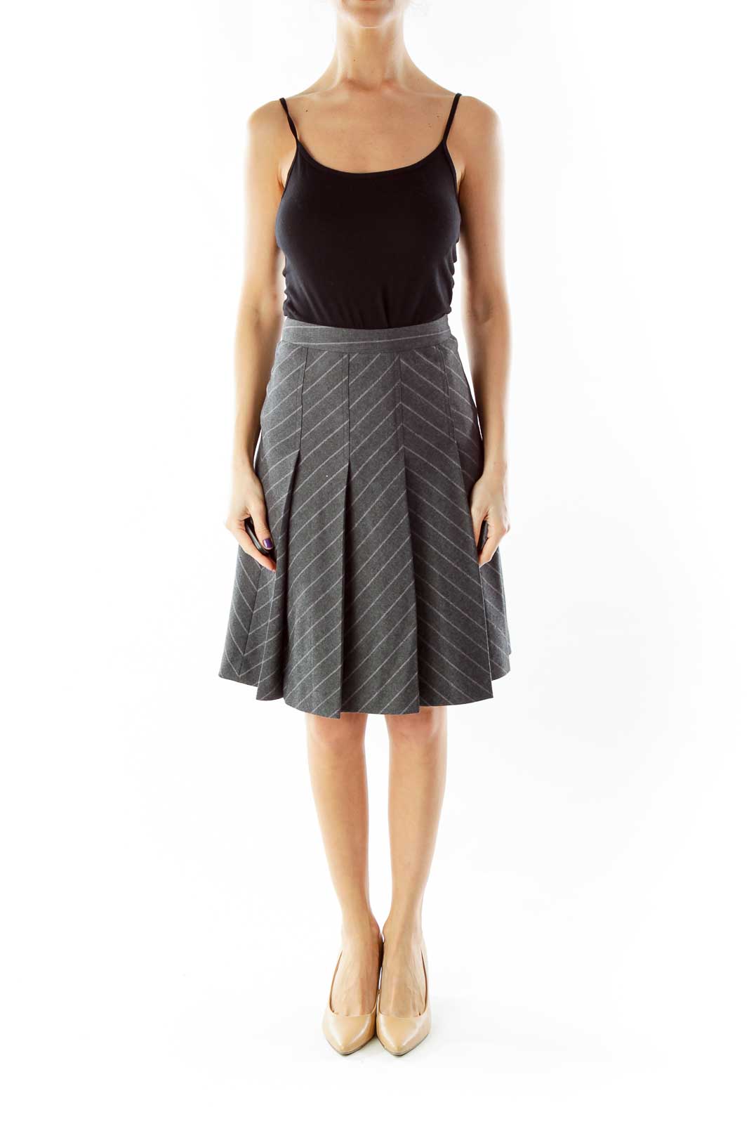 Gray Pleated Skirt with Purple Pinstripe