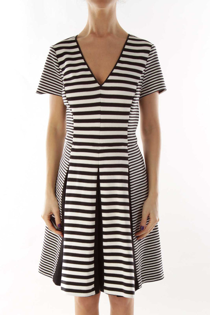 Black White Striped Pleated Dress