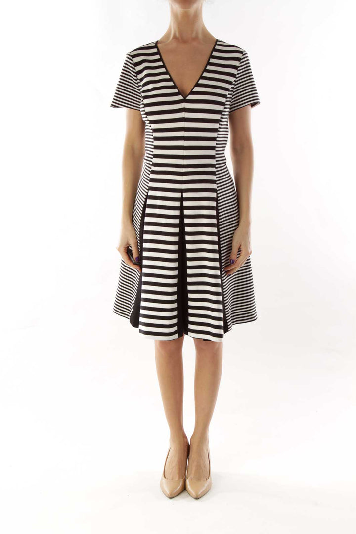 Black White Striped Pleated Dress