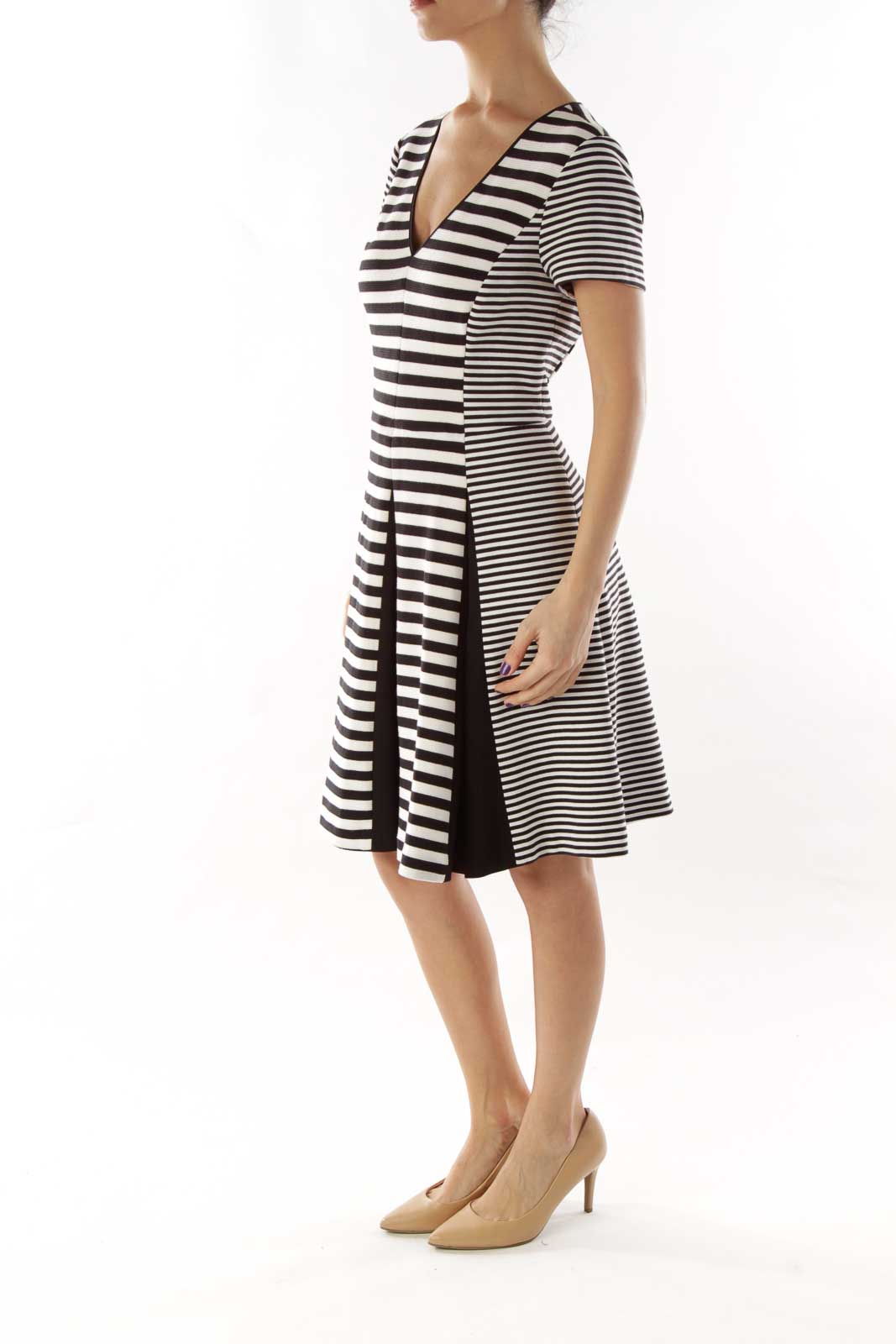 Black White Striped Pleated Dress