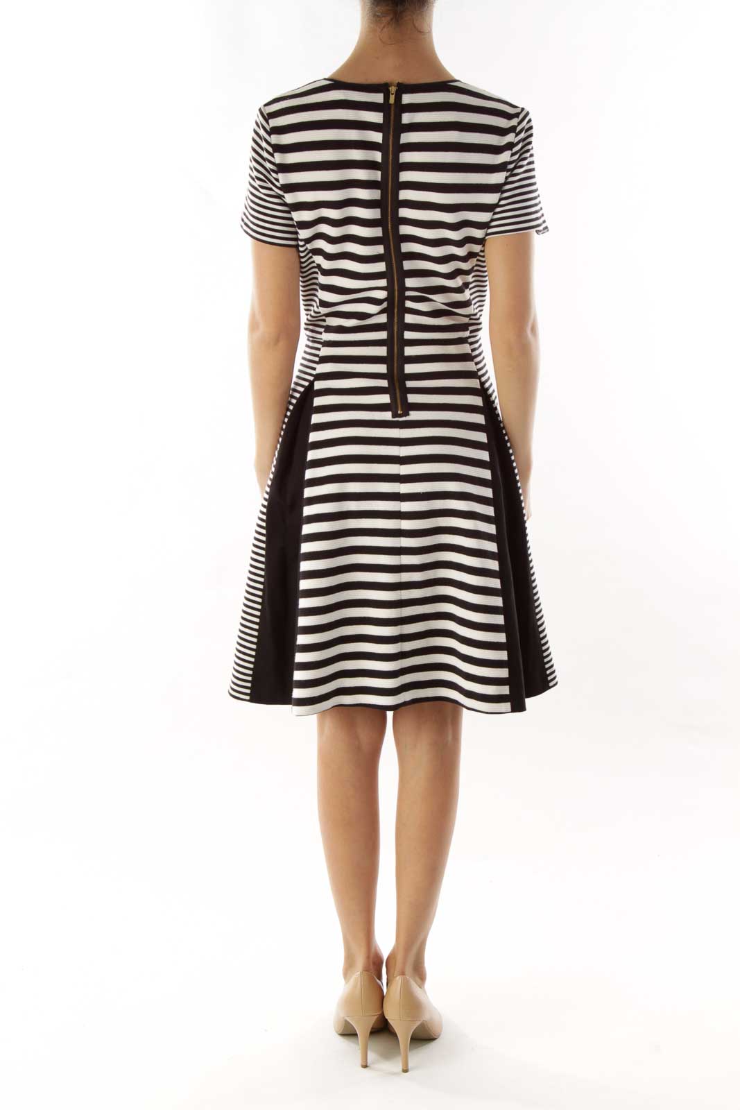 Black White Striped Pleated Dress