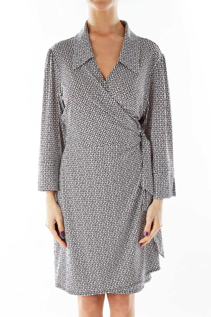 Black White Greek-Key Wrap Dress