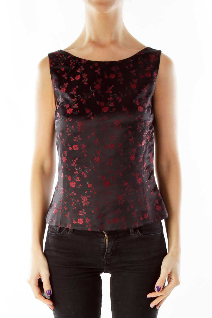 Black Red Embroidered Flower Tank