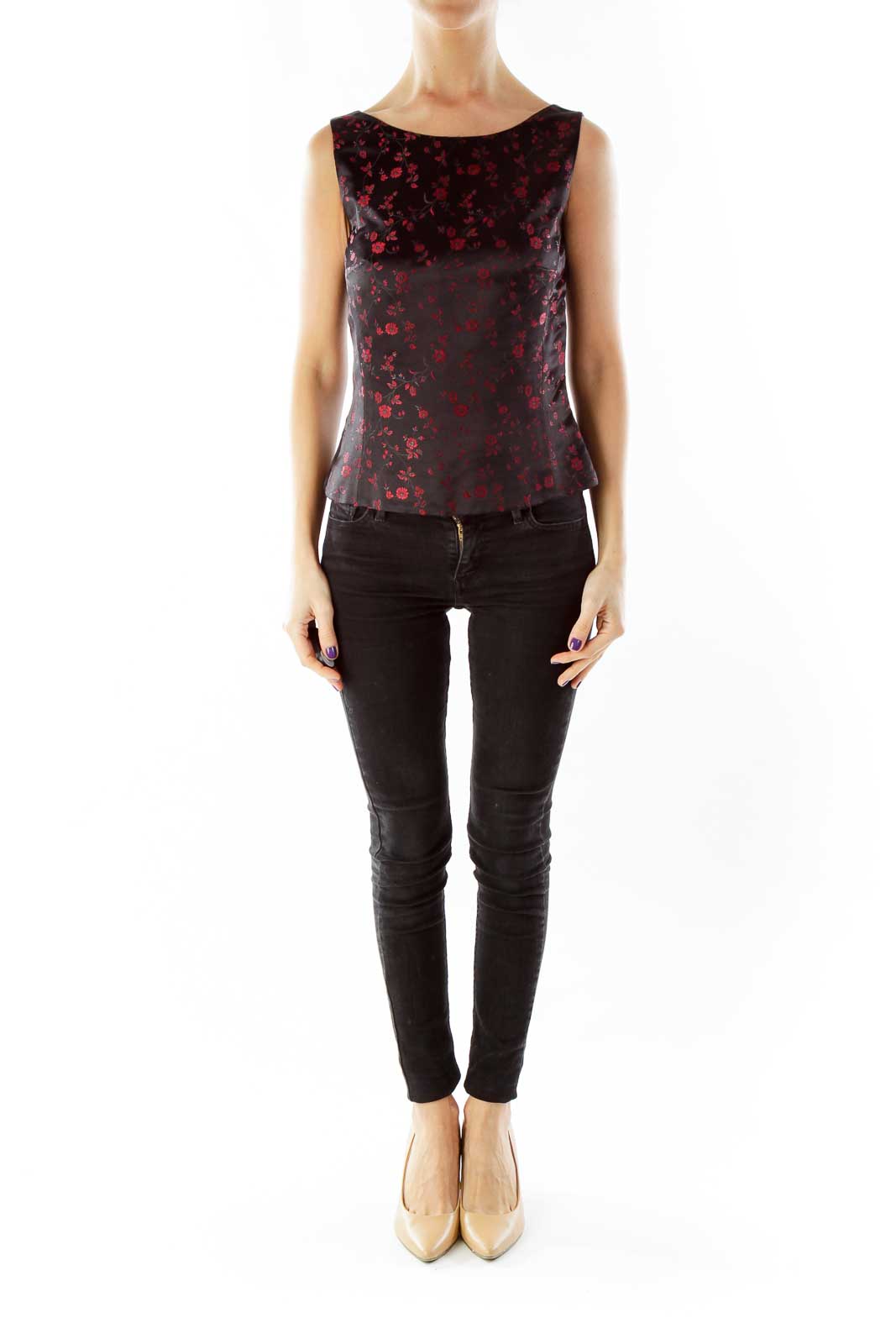 Black Red Embroidered Flower Tank