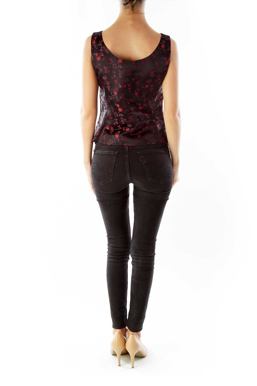 Black Red Embroidered Flower Tank