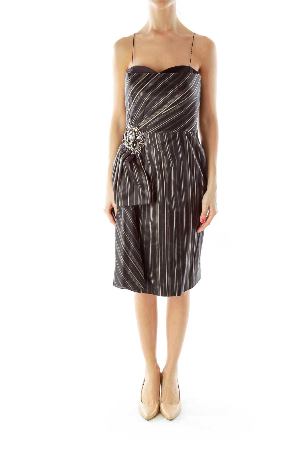 Black Pinstripe Beaded Cocktail Dress