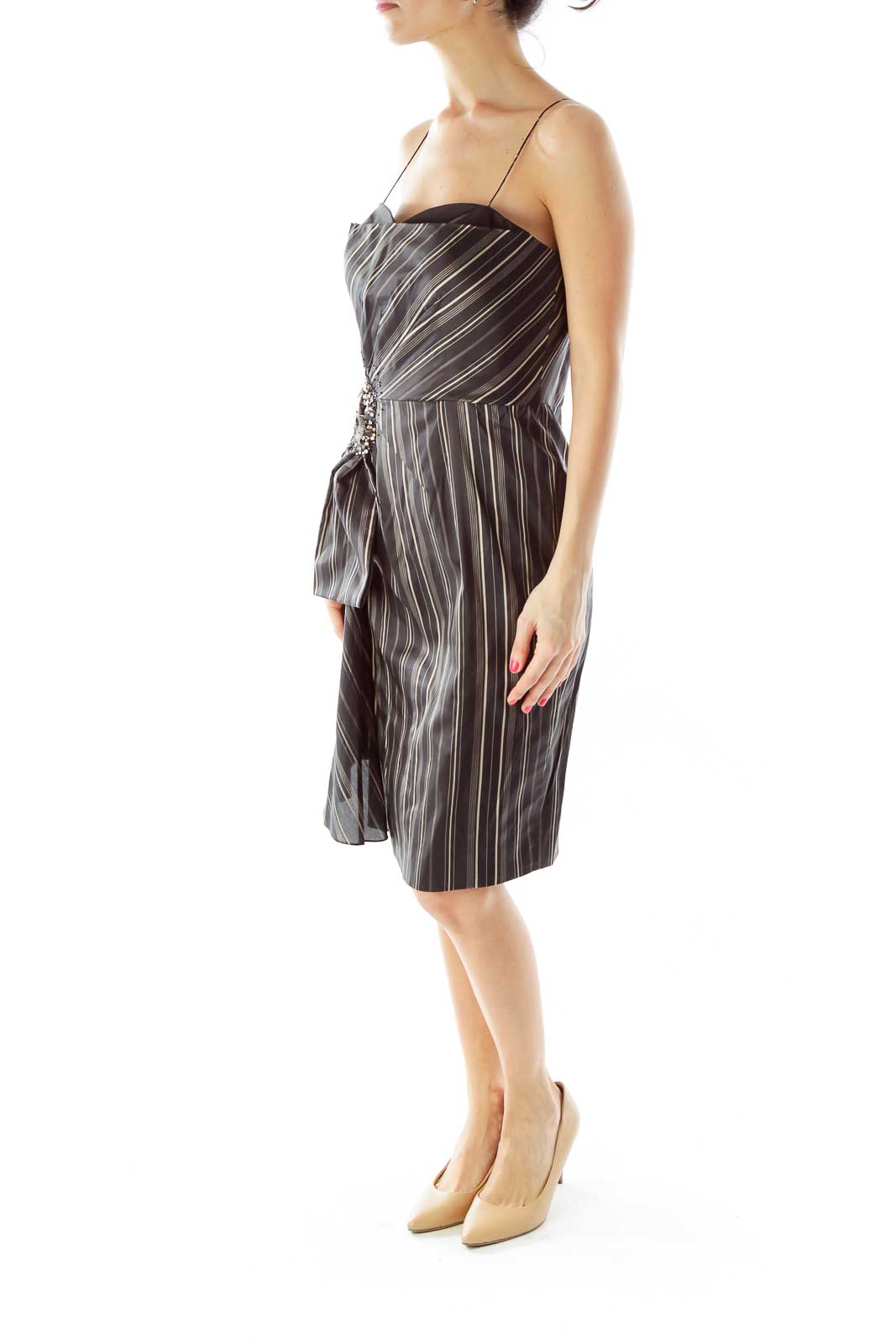 Black Pinstripe Beaded Cocktail Dress