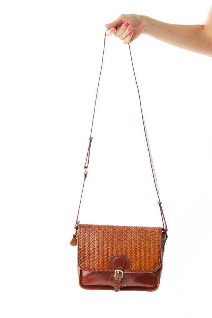 Brown Vintage Weave Detail Leather Crossbody Bag