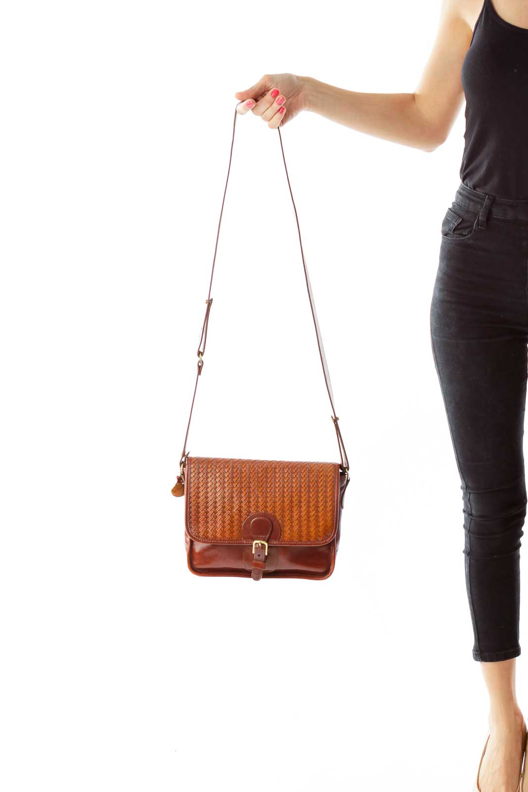 Brown Vintage Weave Detail Leather Crossbody Bag