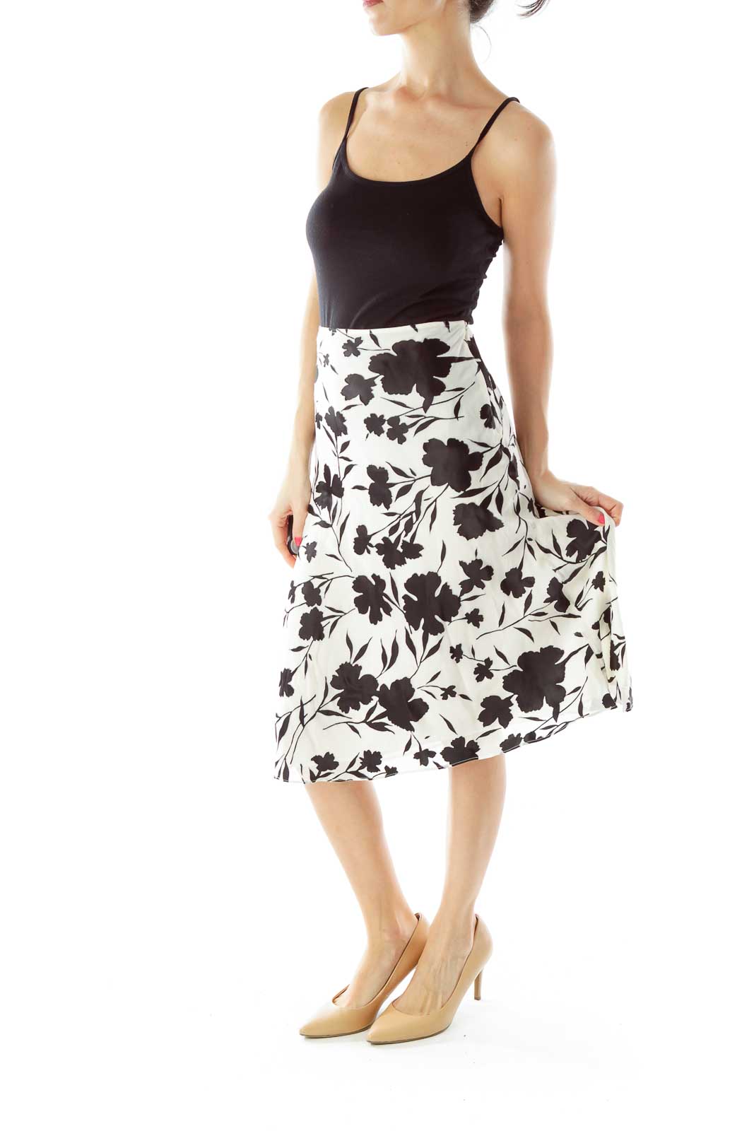 Black White Floral Silk Skirt