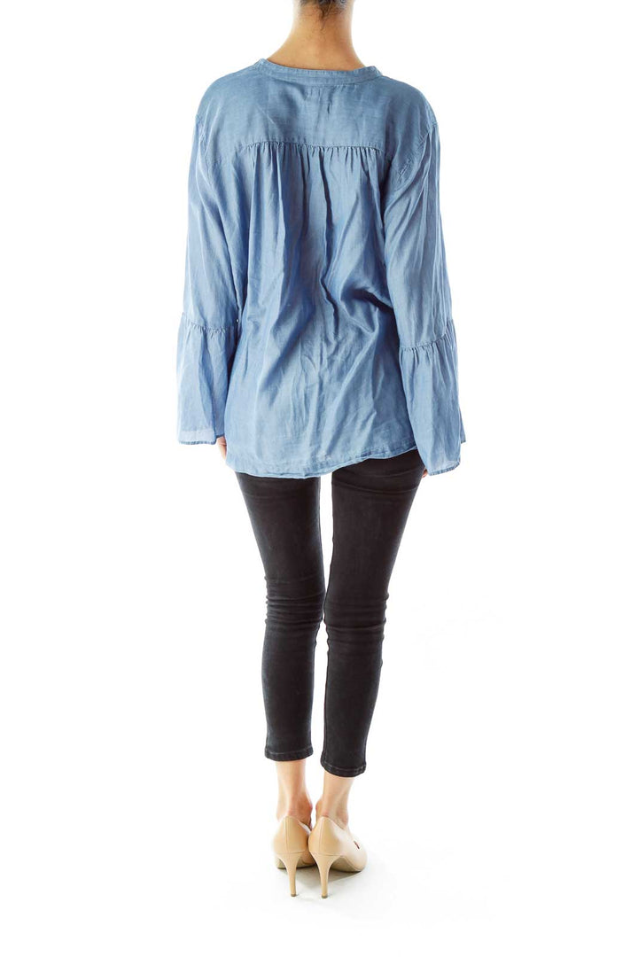 Navy Bell Sleeve V-neck Denim Blouse