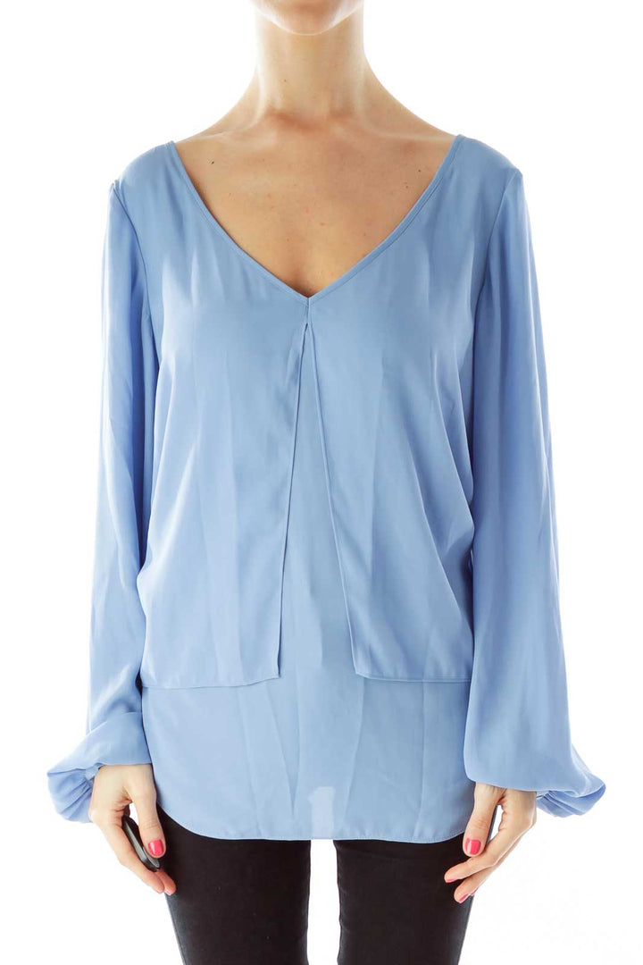 Blue V-Neck Crepe Detail Blouse