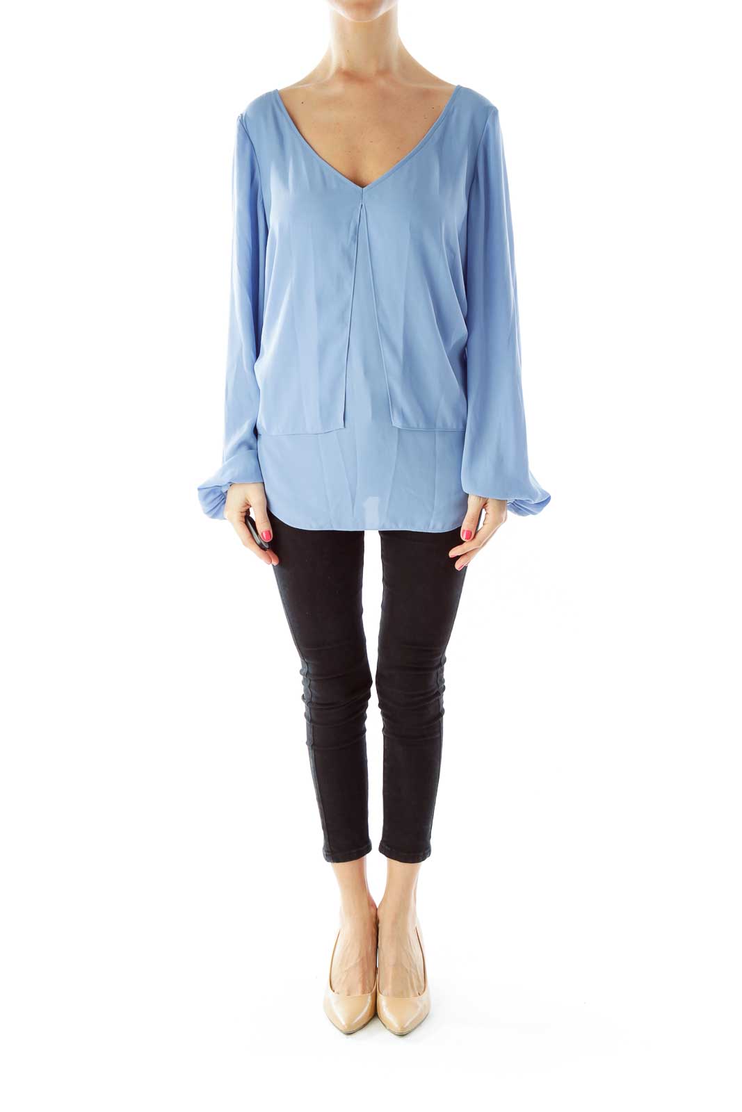 Blue V-Neck Crepe Detail Blouse