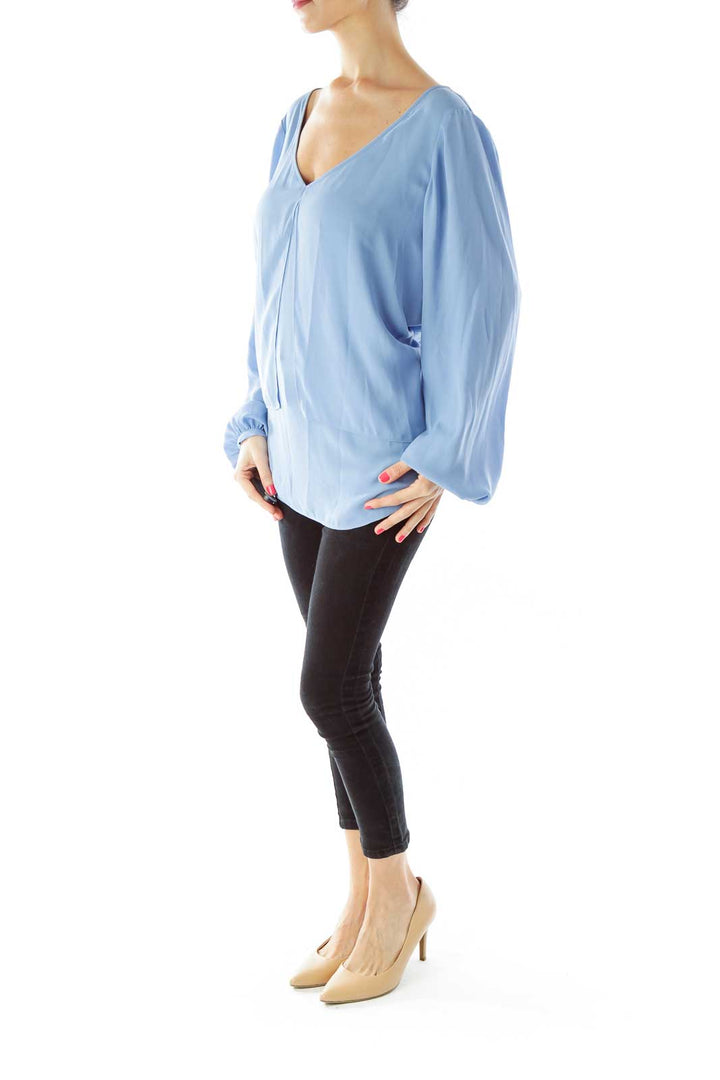 Blue V-Neck Crepe Detail Blouse