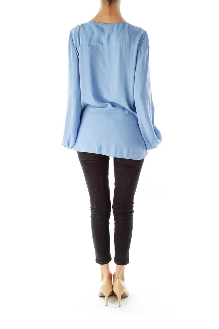 Blue V-Neck Crepe Detail Blouse