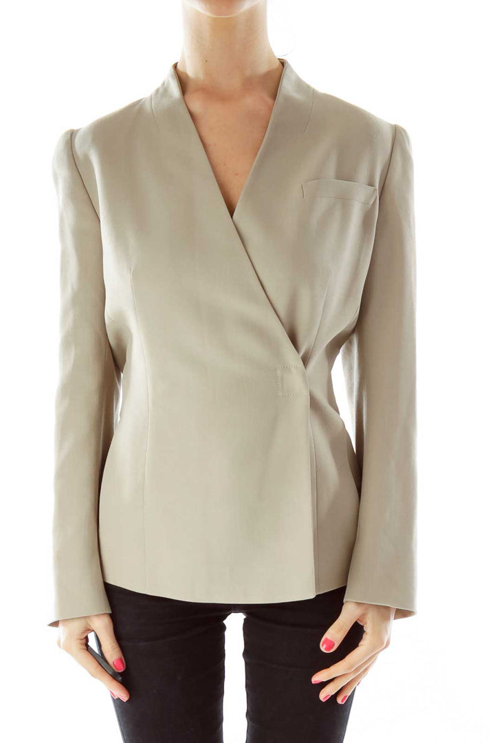 Beige V-Neck Fitted Jacket